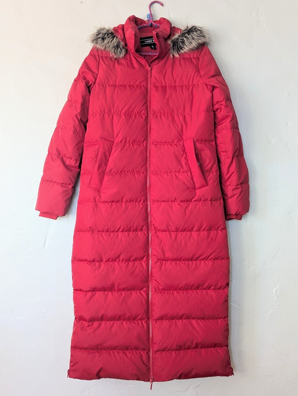 Lands' End Red 80/20 Down Faux Fur Trim Long Puffer Coat Parka XS 2-4